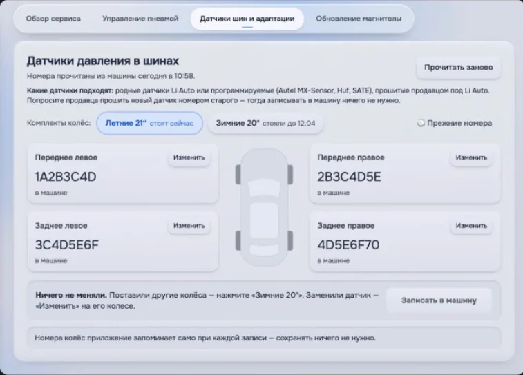 Датчики давления в шинах: номера датчиков четырёх колёс на схеме машины и комплекты колёс «Летние 21″» и «Зимние 20″»